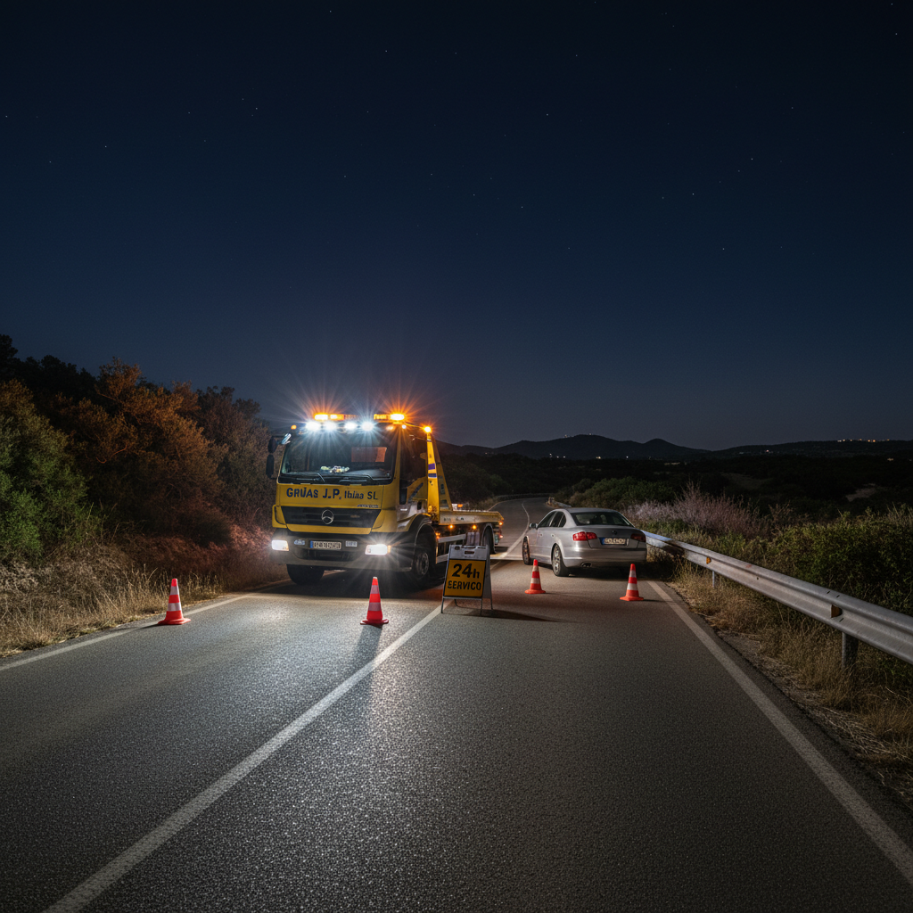 A nighttime emergency roadside scene on a quiet Ibiza secondary road, photographed with clean, controlled realism. A tow truck from “Grúas J.P. Ibiza SL” is positioned diagonally across the lane with its powerful LED work lights illuminating a disabled vehicle, throwing a bright white cone of light onto the asphalt and surrounding roadside vegetation. The amber rotating beacons create rhythmic reflections along the truck’s body and nearby guardrail. The sky is deep navy, with faint silhouettes of hills in the distance. Shot from a low, wide-angle perspective capturing the full operational setup, cones, and clear safety markings. The atmosphere is serious yet reassuring, emphasizing 24h availability and rapid response in any conditions.