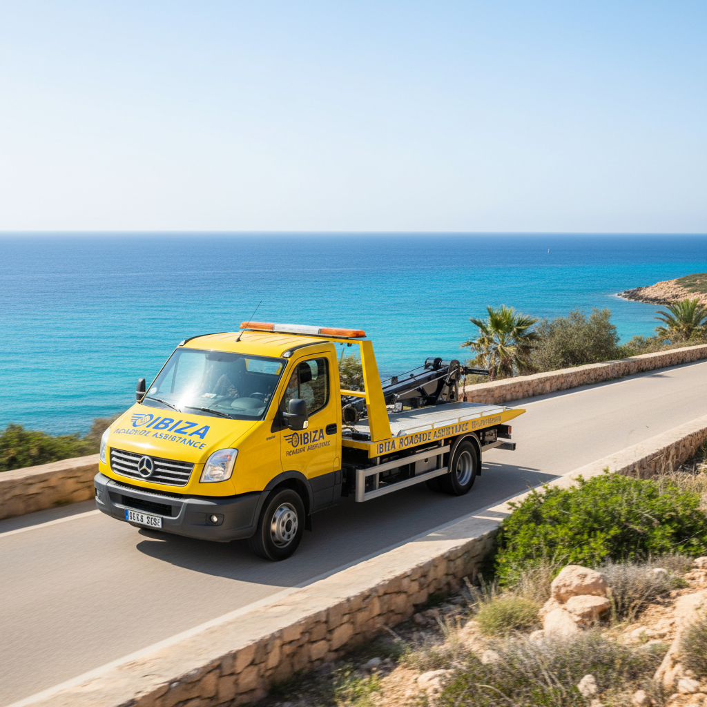 A scenic coastal road in Ibiza with a branded yellow tow truck driving confidently along a gentle curve, photographed in bright, clear midday light. The truck is captured in motion with a slight motion blur in the wheels while the vehicle body and logo remain crisply sharp. To the right, the intense blue Mediterranean sea stretches to the horizon, while low stone walls and sparse vegetation line the roadside. The camera is positioned at a low three-quarter front angle, emphasizing strength and forward movement. Photographic realism with vibrant yet natural colors. The mood is dynamic and optimistic, conveying fast, reliable 24h assistance covering the entire island.
